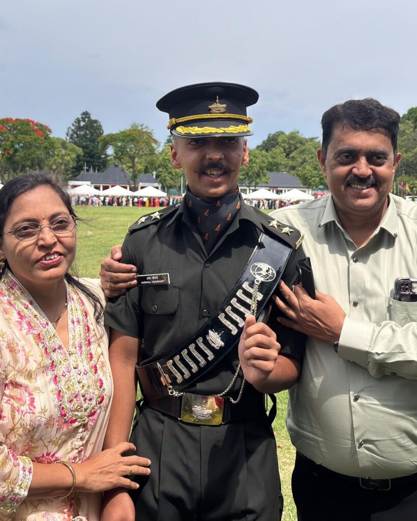Lieutenant Harshal Chaudhary with his parents at his passing-out parade