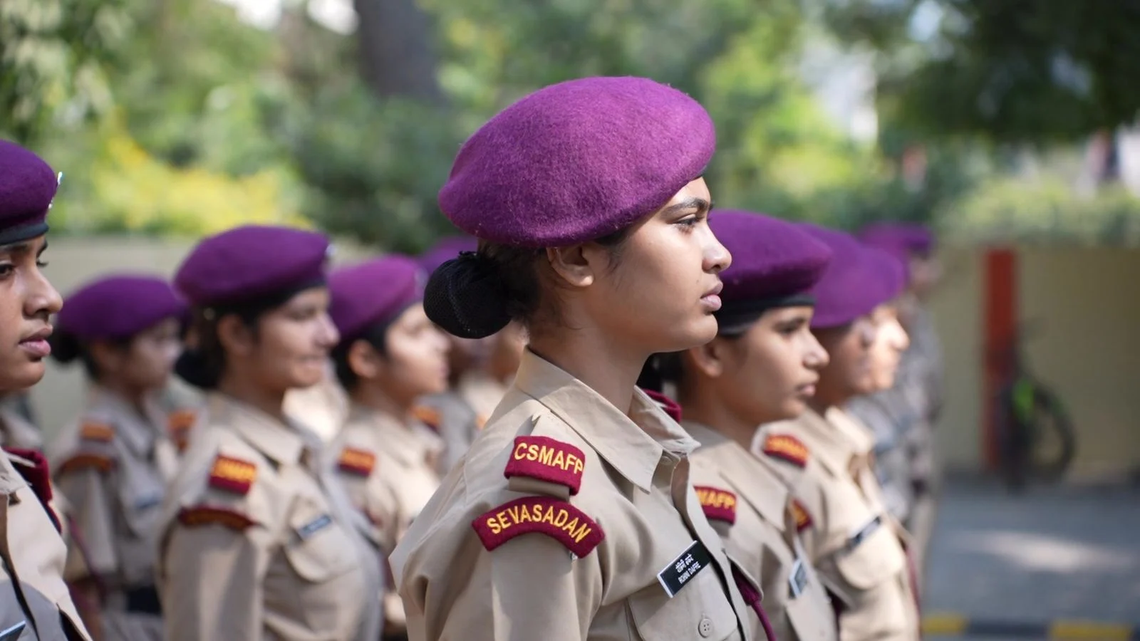 Girl cadets in maroon berets on parade at CSMAFPI, Nagpur